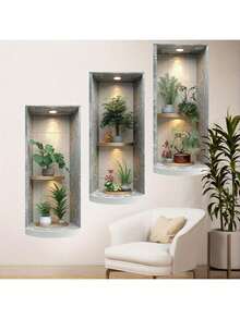 3pcs/Set Nordic Green Plant Theme Faux Arch Window Flower Pot Wall Stickers, 3 Pieces Self-Adhesive Removable Decorative Decals, Suitable For Living Room, Dining Room, Study And Other Connected Decor, Creative Home Wall Art - Multicolor - View 12
