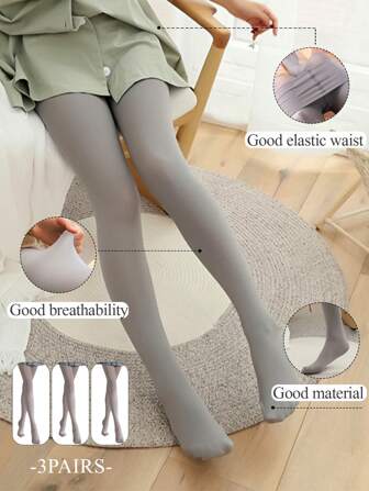 3 Pairs Of Grey Women's High-Waisted Solid Color Pantyhose - 120D Ultra-Stretchy Anti-Snag Tights, Candy Color Assortment For Spring/Autumn, Versatile For Casual & Formal Wear, Seasonal Fashion, Sleek Design, Snagresistant Material