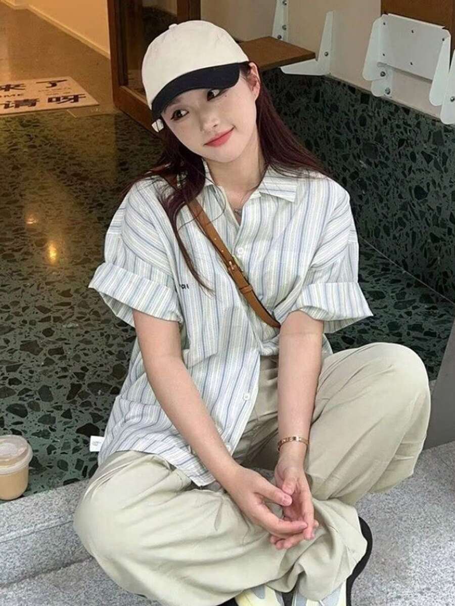 Stripe Print Short Sleeve Loose Casual Shacket - Blue - View 1