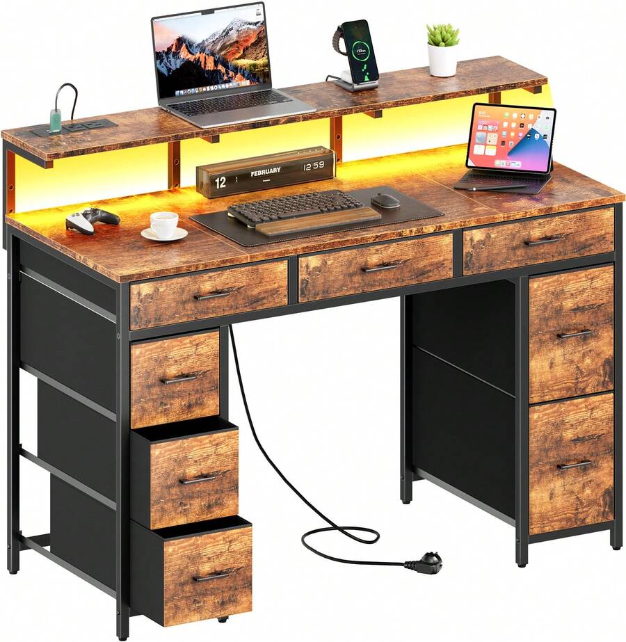 HLDIRECT 47 Inch Computer Desk With 8 Storage Drawers, Gaming Desk With LED Lights & USB Power Outlets, Home Office Table With Monitor Stand, Study Writing Work Table For Bedroom,Rustic Brown - 古樸棕 - 查看 1