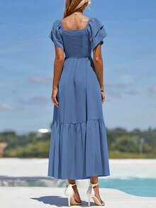 Women's Summer Casual Dresses Square Neck Ruffle Short Sleeve High Waist A-Line Wedding Dresses - 藍色 - 查看 2