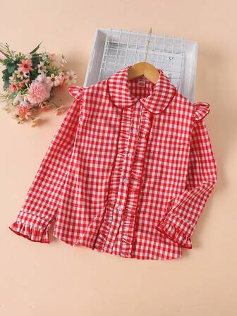 女童格子衬衫春夏秋季上衣，儿童时尚翻领长袖衬衫，适合青少年