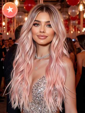 Vogue 26 英寸八字形刘海粉色渐变长卷发合成耐热纤维假发女士假发非常适合节日派对日常佩戴