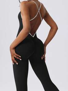 6pecil Tuta da donna con gamba a zampa e blocchi di colore - Tuta da yoga e palestra senza maniche con corpino aderente