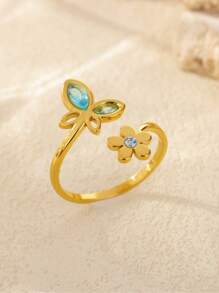 精致不锈钢蓝粉色蝴蝶花戒指，18K 镀金防褪色开口戒指，适合女士，婚礼夏季假日黄金首饰，送给妈妈/挚友的礼物