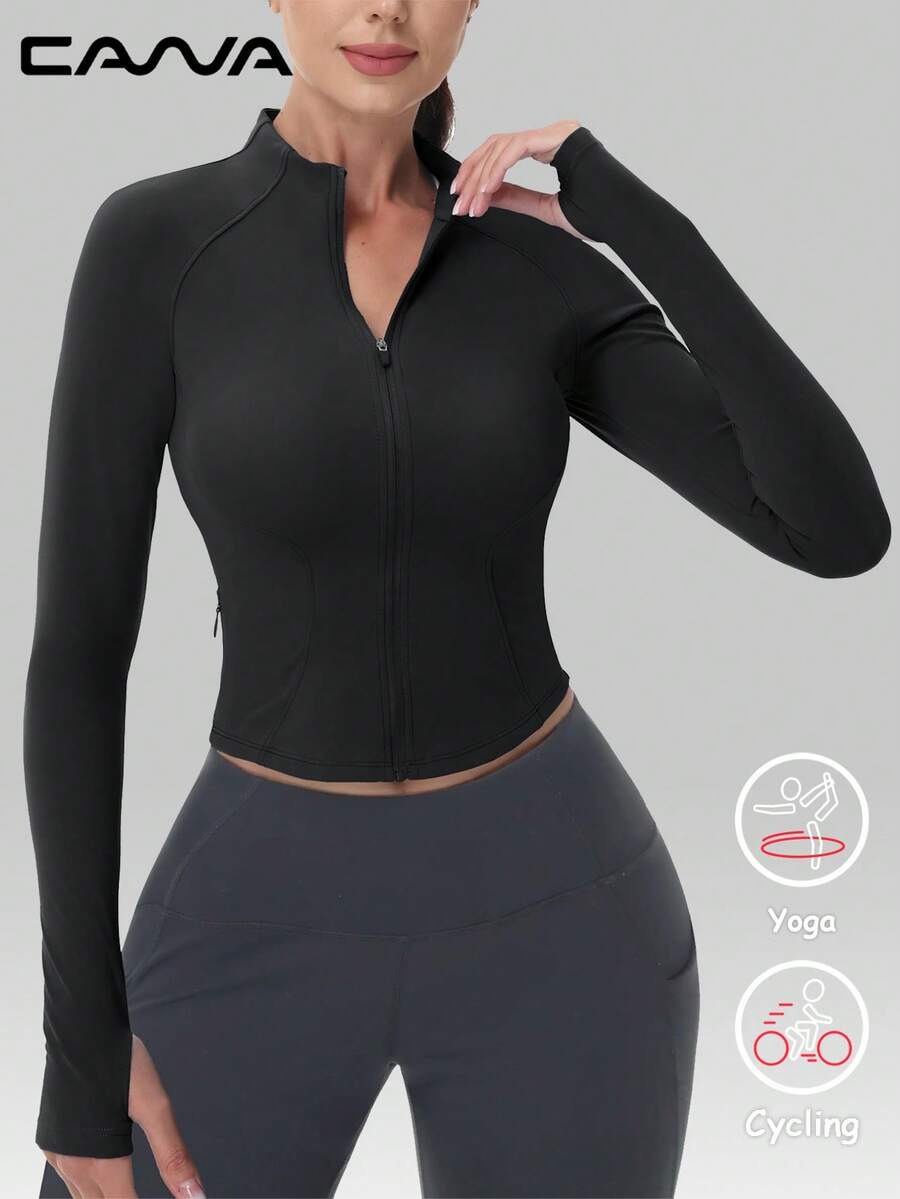 Cavva Women Lightweight Athletic Jacket Cropped Zip Up Workout Jackets Long Sleeve Yoga Tops Slim Fit Running Gym - Black - View 1