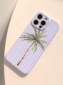 1 pieza Estuche de teléfono duro de fénol perforado con rayas, estilo de vacaciones, árbol de coco de acuarela brillante para iPhone 11/12/13/14/15/16 Pro Max