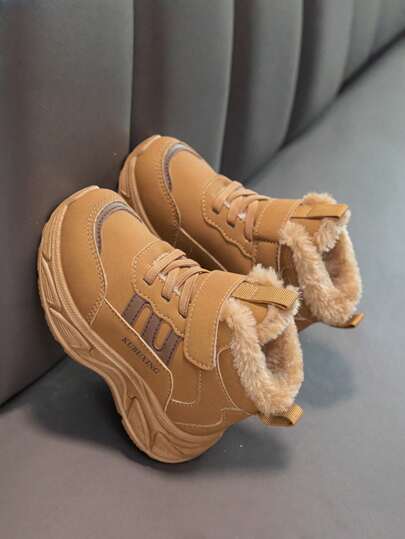 Lightweight Kids High Top Shoes Warm Thermal Lined, Elementary Students Girls Running Sneakers, Mid-Large Kids Fuzzy Short Boots Boys Hook And Loop Anti-Slip Sports Shoes, Fashion Campus Student Baby Chunky Sneakers