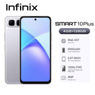  Infinix SMART 10 Plus 4GB+128GB 智能手机，配备 6000mAh 超长续航电池、6.67 英寸 120Hz AMOLED 显示屏、300% 超级音量、双扬声器、IP64 防水防尘、6000mAh 大容量电池，是送给家人的完美圣诞礼物。