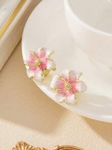 1 Pair Retro Elegant Gradient Flower Enamel Clip Earrings, 3D Delicate Design, Gentle Vibe Suitable For Office Ladies, Holiday Events, Women's Gift - 粉色 - 查看 8