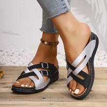 [Fashionable Summer Slippers] Summer Fashionable Women's Slippers - Comfortable And Soft With Thick Soles, Non-Slip Rubber Soles, Stylish Open Toes, Lace-Up Wedge Heels, And A Colorful Striped Design. - 黑銀色 - 查看 5