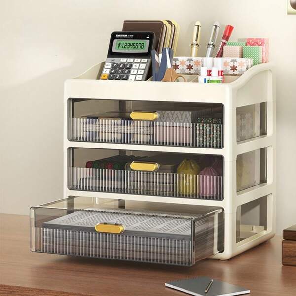 Organizador de escritorio apilable de 3 niveles - Caja de almacenamiento para útiles de oficina, maquillaje, papelería - Organizador de escritorio para el hogar, la oficina y la escuela