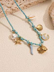 1 件海洋系列不锈钢吊坠项链，手工制作的 DIY 项链，带有贝壳、海星、鱼、章鱼、花吊坠，适合海滩度假穿着、节日礼物、生日礼物、海滩度假 - 彩色 - 查看 9
