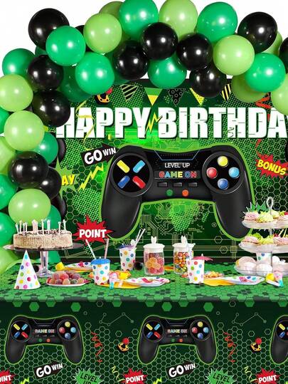 58pcs Video Game Birthday Party Decoration Set; Game Happy Birthday Supplies, Including Video Game Backdrops, Balloons.