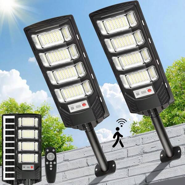 1/2pcs Solar Street Lights Outdoor, 320° Wide Angle LED Flood Light With Motion Sensor, Solar Powered Parking Lot Lighting, Plastic Lamp Shade, Utdoor Flood Street Lamps With 3 Modes ,For Commercial Area Lighting