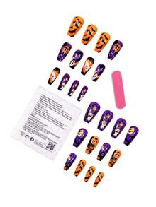 24 件万圣节指甲按压式夜城堡蝙蝠鬼棺材指甲和 1 个指甲锉条 + 1 片果冻胶指甲用品指甲