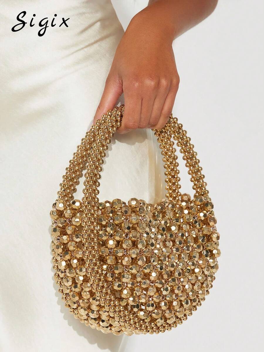 New Luxury Exquisite Handcrafted Beaded Mini Braided Shimmery Bead Handbag, Multicolor Beaded French Sparkling Evening Party Bag - Gold - View 1