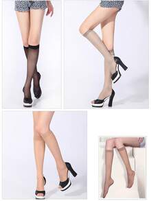 10pcs Women's Sheer Knee High Socks, Black & Beige Semi-Transparent Stockings, Fashion Versatile For Students, JK Lolita Style, Daily, Home, And Party Wear, Y2k, Cozy - Multicolor - View 3