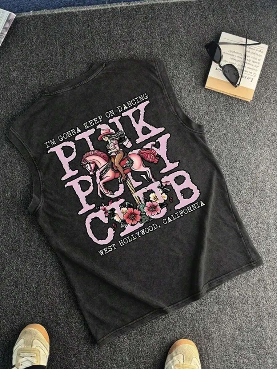 230g Double-Sided Washed, Pink Pony Club Printed Vest, High-Quality Wax Printed Pure Cotton Retro Fashion Brand T-Shirt, Men's Vest, Beach Essential, Summer Hot Selling Item, Holiday Gift, Men's Clothing, Gift To Friends