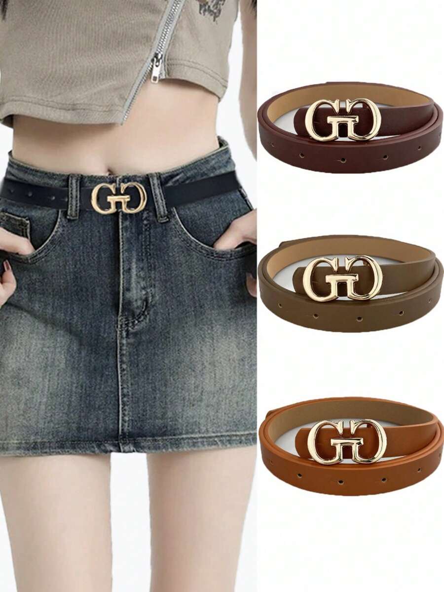 1 条女士皮带，带字母 G 扣，时尚通勤 PU 皮革，休闲时尚高端小众设计，光滑带扣，适合牛仔裤、连衣裙和其他秋季、万圣节服装 - 彩色 - 查看 1