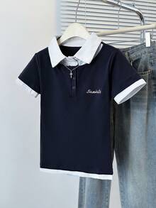 韩版二合一 Polo 领短袖 T 恤，夏季修身短款刺绣字母短款上衣