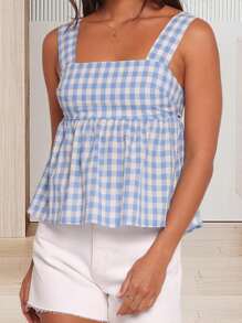 Women's Summer Babydoll Tank Tops Stylish Plaid Bow Tie Back Loose Hem Sleeveless Camisole