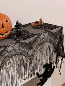 1pc Black Skeleton Lace Hanging Screen Curtain, Holiday Decor - Black - View 7