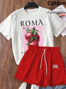 羅紋 純棉 女式T卹，學院風 春夏 新款 運動女裝，垂感 時尚 柔軟 透氣 女式短袖上衣褲子兩件套，鮮豔飽滿的番石榴圖案印花