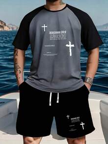 男士夏季短袖 T 恤和短裤套装，字母图案印花，时尚休闲装，口袋设计，抽绳腰裤。适合跑步、高尔夫、钓鱼、篮球、露营、健身、游泳和沙滩运动，是送给丈夫或男朋友的绝佳礼物