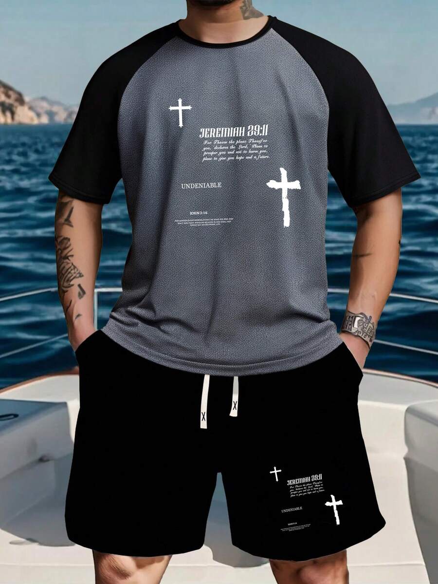 男士夏季短袖 T 恤和短裤套装，字母图案印花，时尚休闲装，口袋设计，抽绳腰裤。适合跑步、高尔夫、钓鱼、篮球、露营、健身、游泳和沙滩运动，是送给丈夫或男朋友的绝佳礼物