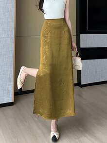 1 件竹叶图案新中式复古缎面舒适飘逸开叉下摆半身裙，适合所有季节 - 黃色 - 查看 7