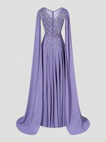 Faeriesty Haute Glamour Gorgeous Elegant Chiffon Gown With Crystal Beading V-Neckline & Dramatic A-Line Skirt | Luxury Evening Dress For Black Tie Events And Weddings - Màu tím - Xem 11