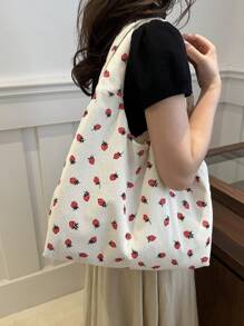 简约时尚大容量草莓印花托特包，开口设计，轻巧软边单肩包。适合女性日常休闲通勤和学生课堂使用