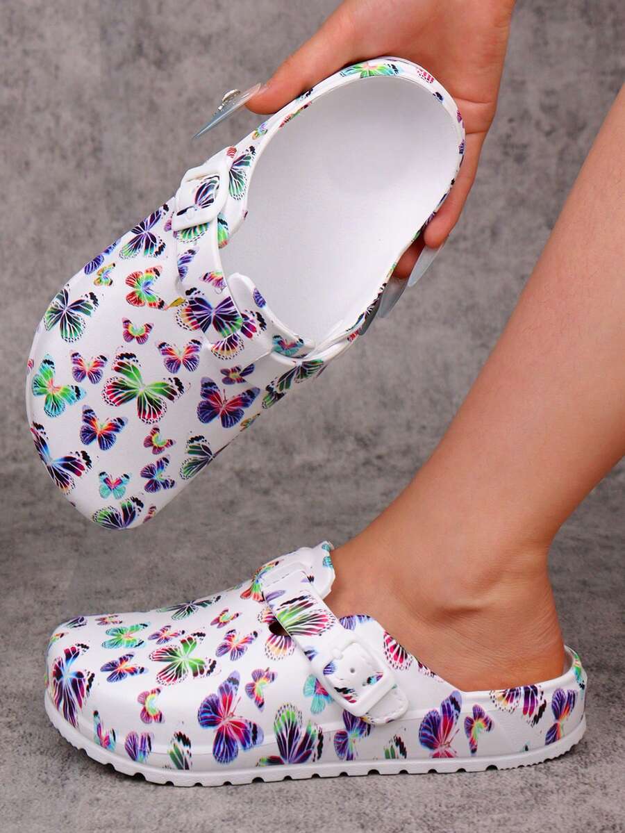 pueenb 女士时尚舒适厚底木屐 - 轻便、时尚、全天候穿着风格、蝴蝶印花、易穿脱设计、柔软鞋垫和可调节带子，适合日常、工作或休闲场合，室内和室外