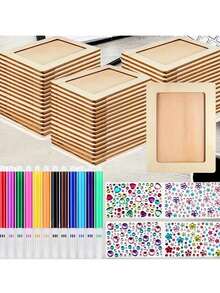 Kit DIY pentru rame foto cu 21 de bucăți, inclusiv 5 rame foto din lemn nefinisate, 12 mini pixuri acuarelă și 4 autocolante cu diamante din cristal, rame foto personalizate, decor pentru casă cu rame din lemn, artizanat DIY, potrivit pentru familii, decorarea casei, Ziua Recunoștinței, Crăciun, ziua de naștere, cadouri de sărbători