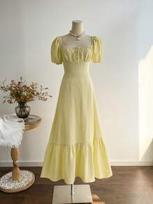 Rusttydustty 年轻女士黄色波西米亚高开衩短袖连衣裙，度假风 - 黃色 - 查看 3