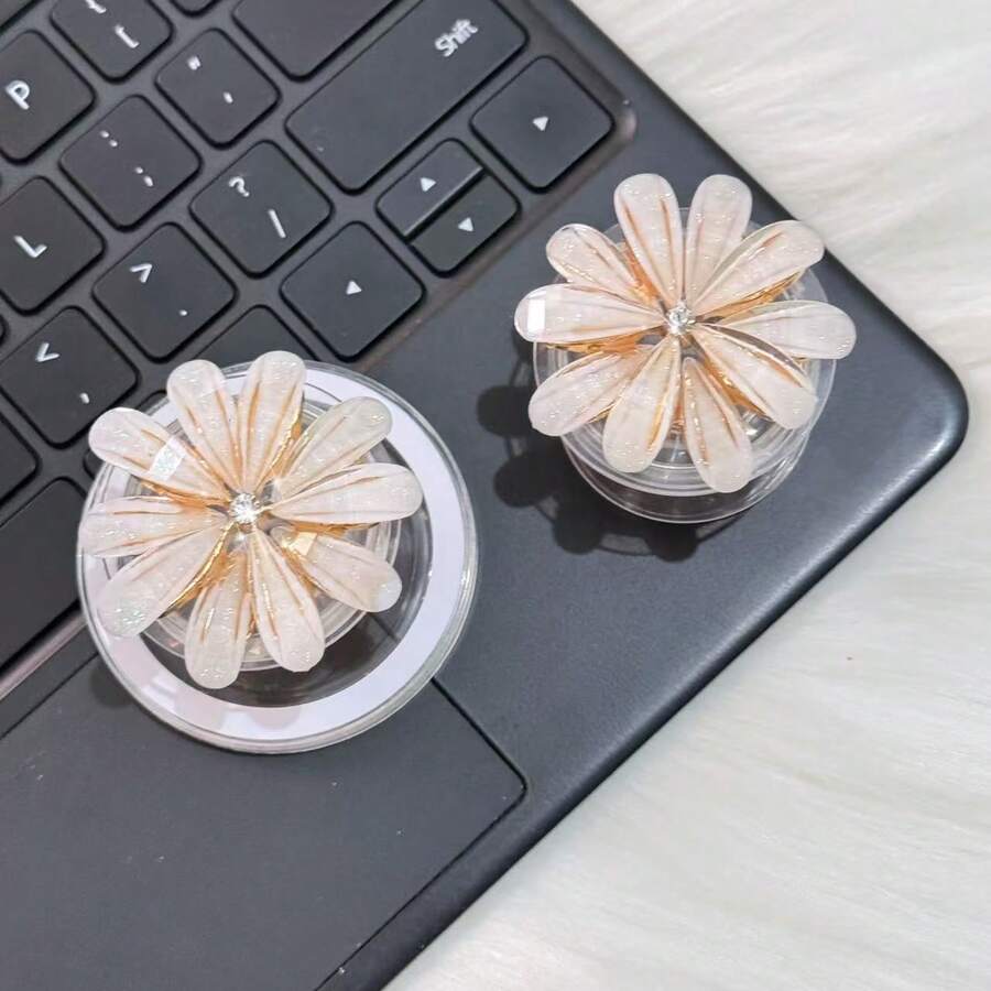 Gold Small Daisy Flower Shape Multi-Functional Retractable Phone Holder, Portable Desktop Slouchy Stand, Adhesive Or Magnetic Option, Compatible With All Phones Compatible With IPhone, Android Phone, Gift For Birthday, Family, Friends Push-Pull Phone Grip Phone Accessories - Gold - View 1
