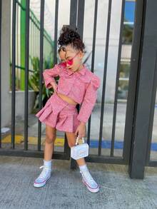 Flor de Lis - Conjunto Infantil Casaco Cropped e Short-Saia Tweed Rosa - Luxo e Estilo
