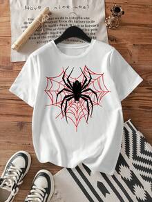 Women's Short-Sleeved, Crew-Neck T-Shirt With Spider Print And Loose Fit, Perfect For Summer - 白色 - 查看 1