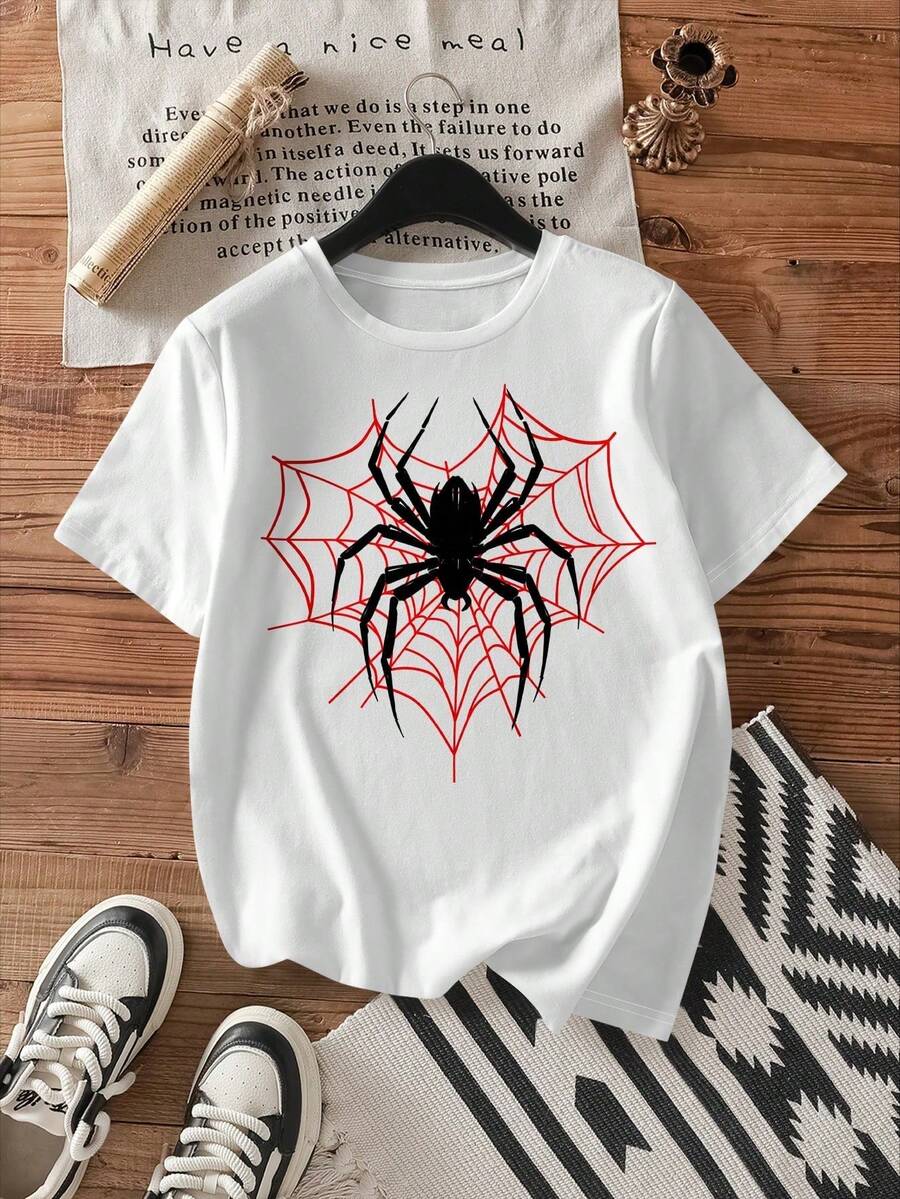 Women's Short-Sleeved, Crew-Neck T-Shirt With Spider Print And Loose Fit, Perfect For Summer - 白色 - 查看 1