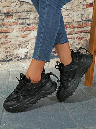 Black Versatile Comfortable Breathable Outdoor Casual Back To School Sneakers For Women, Lace-Up, Durable, Non-Slip, Wedge Platform Chunky Sneakers, Suitable For Holidays, Parties, Gatherings, Gifts