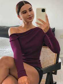 Livesso Women Casual Solid Color Oblique Shoulder Loose Knit Sweater, Autumn & Winter,Long Sleeve Tops - Burgundy - View 3