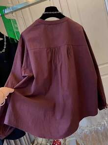 Asymmetric Pleated Patchwork Design Round Neck Button Long Sleeve Blouse Spring - Burgundy - View 4