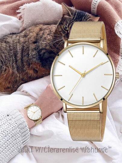 1pc Women's Quartz Wrist Watch, Mesh Strap, Round Dial, Stainless Steel Band, Ultra-Thin Dial, Minimalist & Fashionable Style, High-Quality Jewelry Rose Gold Watch, Suitable For Casual, Party, Travel, Can Be A Back-To-School Gift For Students