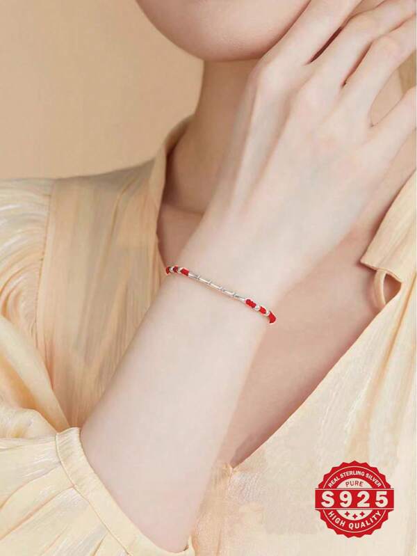 Brazalete de plata de ley 925 con nudo de bambú para mujeres, brazalete trenzado de cuerda roja con suerte, accesorio perfecto para uso diario/viaje/fiesta, regalo para mejor amiga, viene en caja de regalo elegante