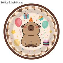 可爱水豚派对一次性餐具套装 - 10 件 9/7 英寸盘子、9 盎司杯子和餐巾，适用于生日、儿童派对、迎婴派对和野餐装饰 - 多色2 - 查看 12