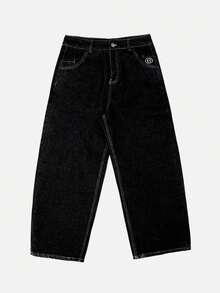 Men's Casual Distressed Wide Leg Baggy Jeans Summer Jeans Hip-Hop Style, Street Style, Rap Style, Embroidery Elements Men Jean Cargo, Grunge - Black - View 2