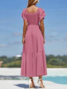 Women's Summer Casual Dresses Square Neck Ruffle Short Sleeve High Waist A-Line Wedding Dresses - Màu hồng đậm - Xem 2