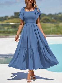 Women's Summer Casual Dresses Square Neck Ruffle Short Sleeve High Waist A-Line Wedding Dresses - 藍色 - 查看 3