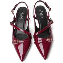 Mostrin Slingback Kitten Heels For Women Low Heel Closed Pointed Toe Pumps Buckle Strap Dress Shoes For Daily Working Wedding - Màu Đỏ Sâu - Xem 3